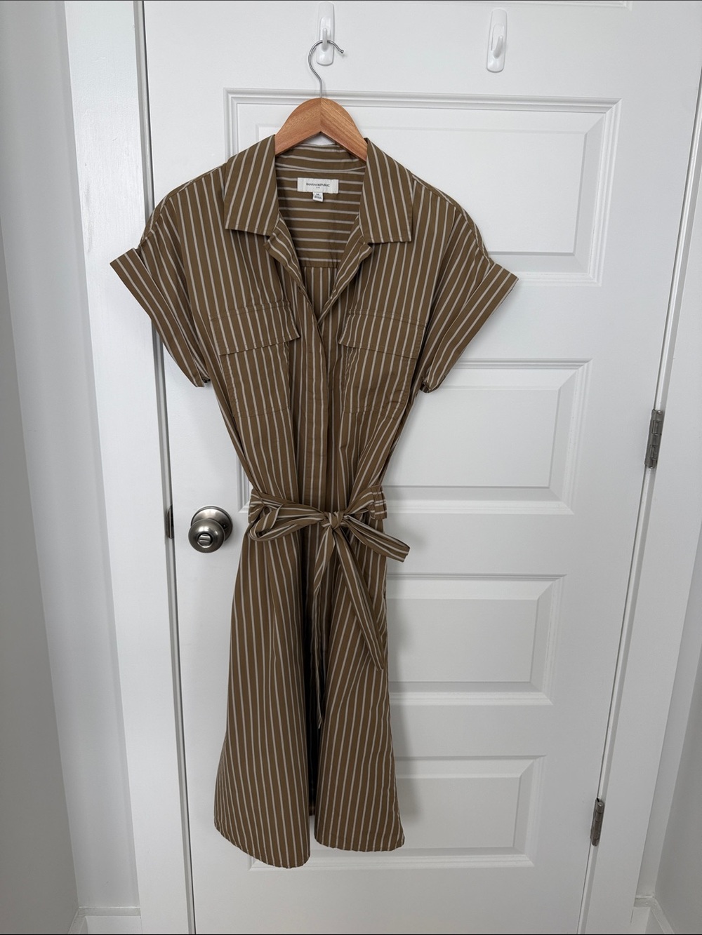 Banana Republic Brown Striped Shirt Midi Dress with Tie Waist and Pockets